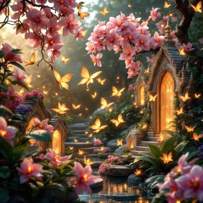 Primary subject: A beautiful garden with a pond, flowers, and butterflies.

Setting/background: The garden is filled with flowers, including pink flowers, and butterflies are flying around. The garden is situated next to a pond.

Visual style: The image is a digital artwork, featuring a whimsical and colorful scene.

Colors and mood: The garden is predominantly pink, creating a warm and inviting atmosphere. The presence of butterflies adds a sense of tranquility and natural beauty to the scene.
